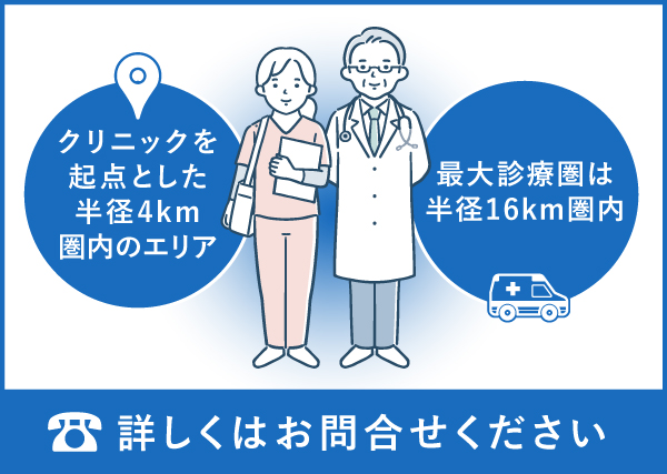千葉西クリニックの訪問エリアは船橋市、習志野市など、クリニックを起点として半径4km以内です